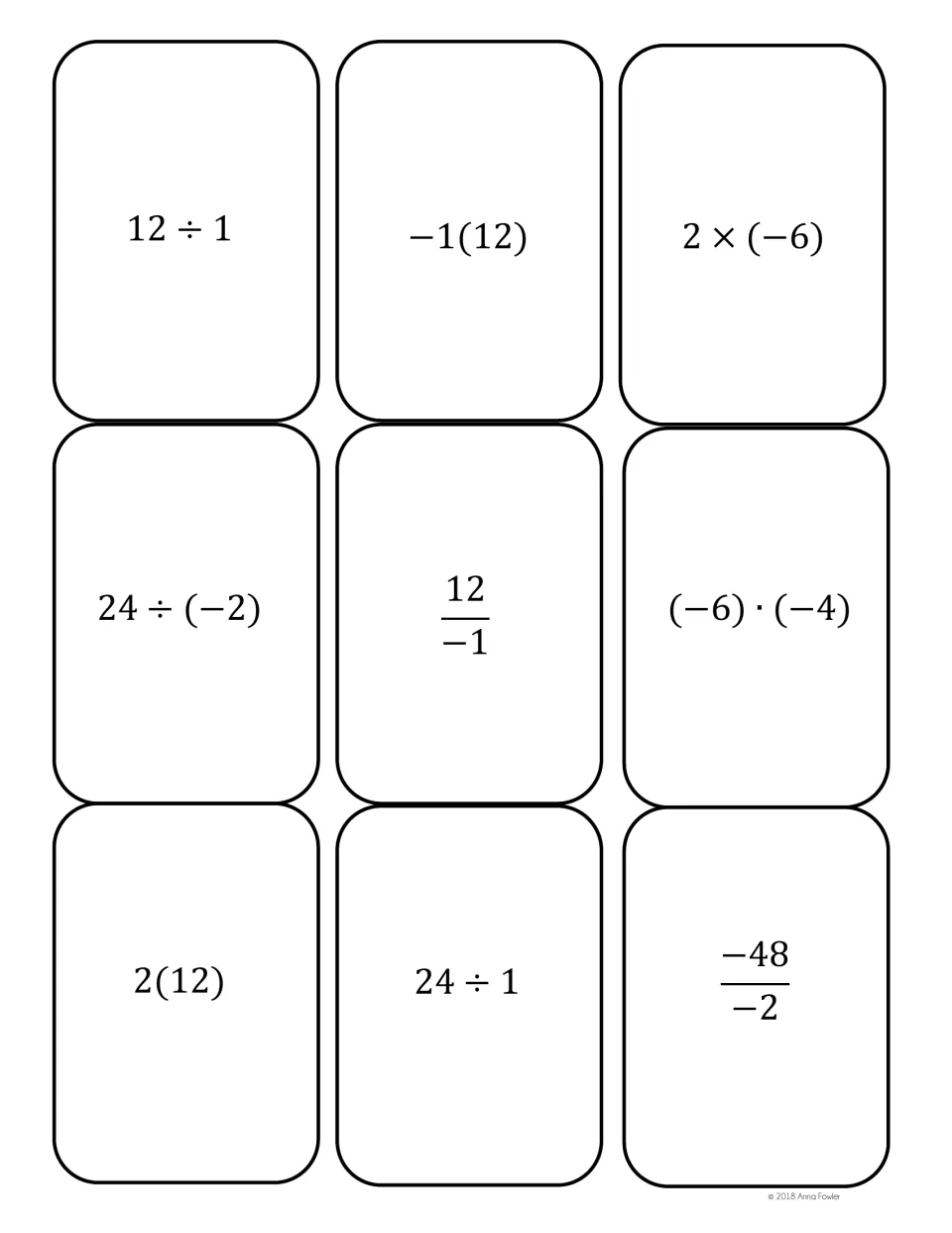 Integer cards equal to 12, -12 and 24: 12÷1, -1(12), 2×(-6), 24÷(-2), 12 over -1, (-6)·(-4), 2(12) and -48 over -2