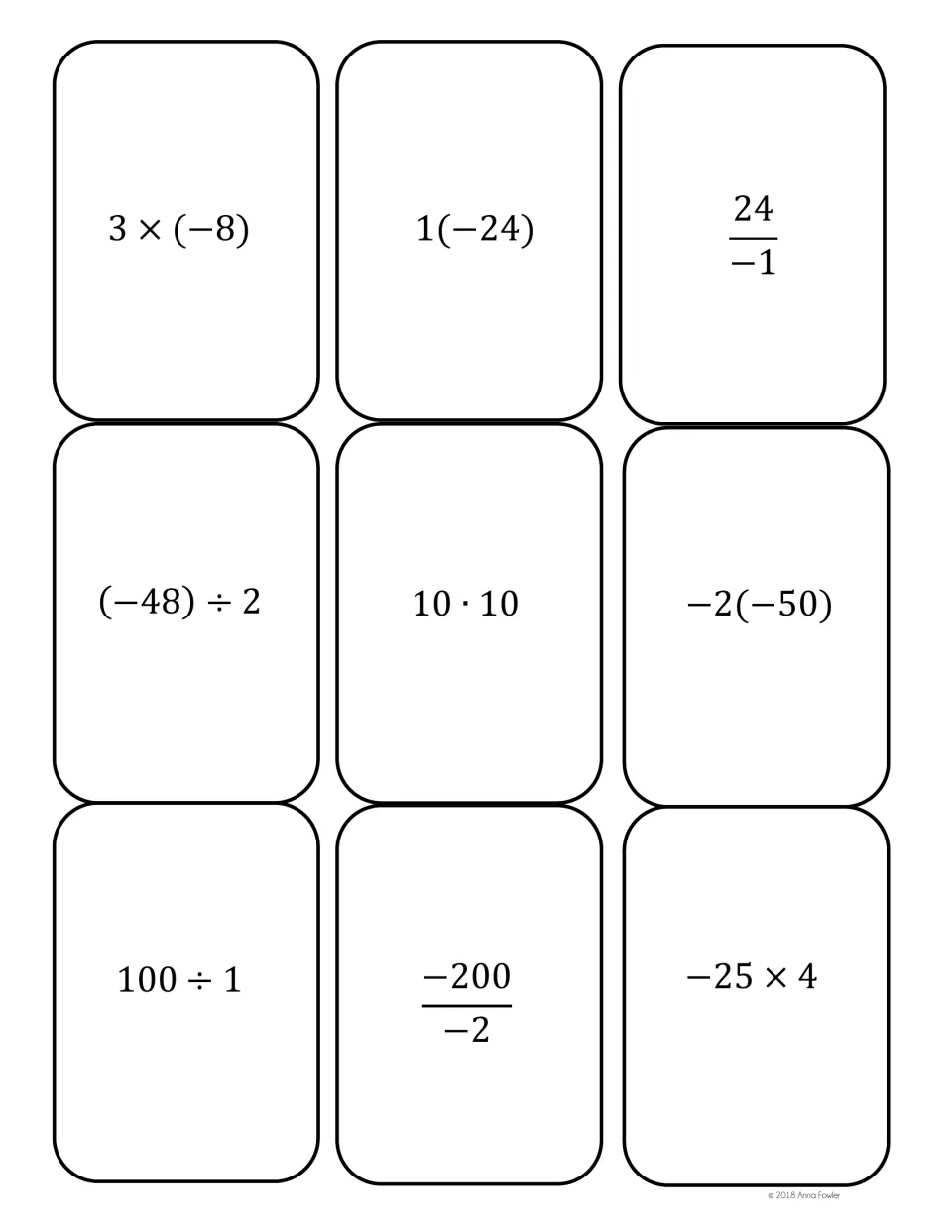 Integer cards equal to -24, 100 and -100: 3×(-8), 1(-24), 24 over -1, (-48)÷2, 10·10, -2(-50), -200 over -2, -25×4