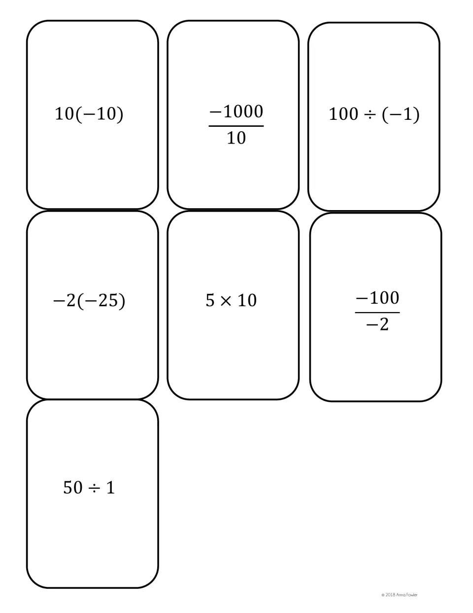 Final seven integer cards equal to -100 and 50: 10(-10), -1000 over 10, 100÷(-1), -2(-25), 5×10, -100 over -2 and 50÷1