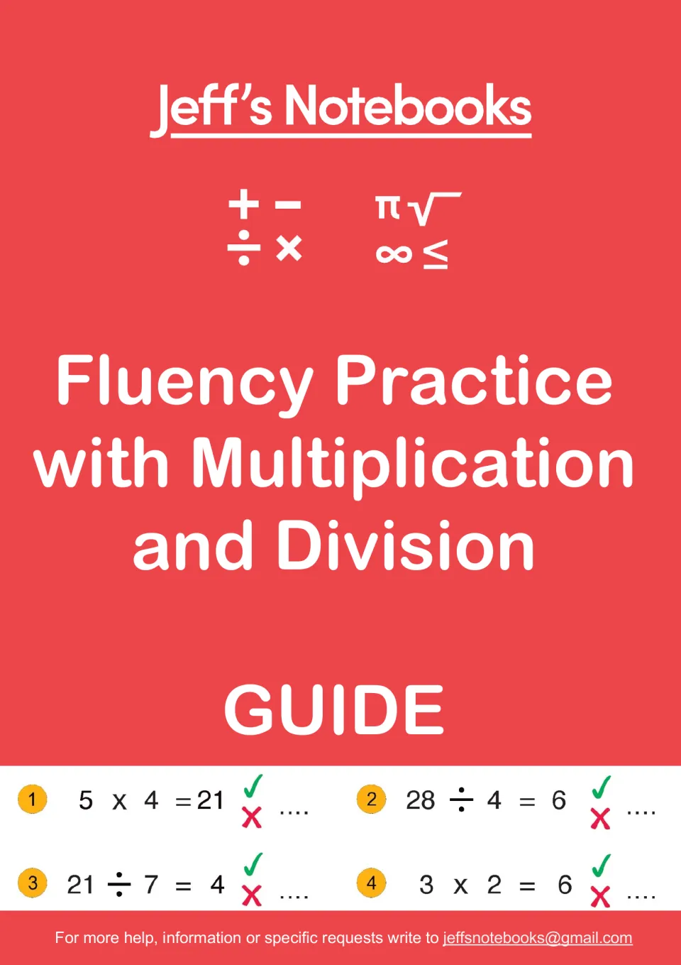 Cover of Jeff's Notebooks Fluency Practice with Multiplication and Division Guide, showing four right-or-wrong equations