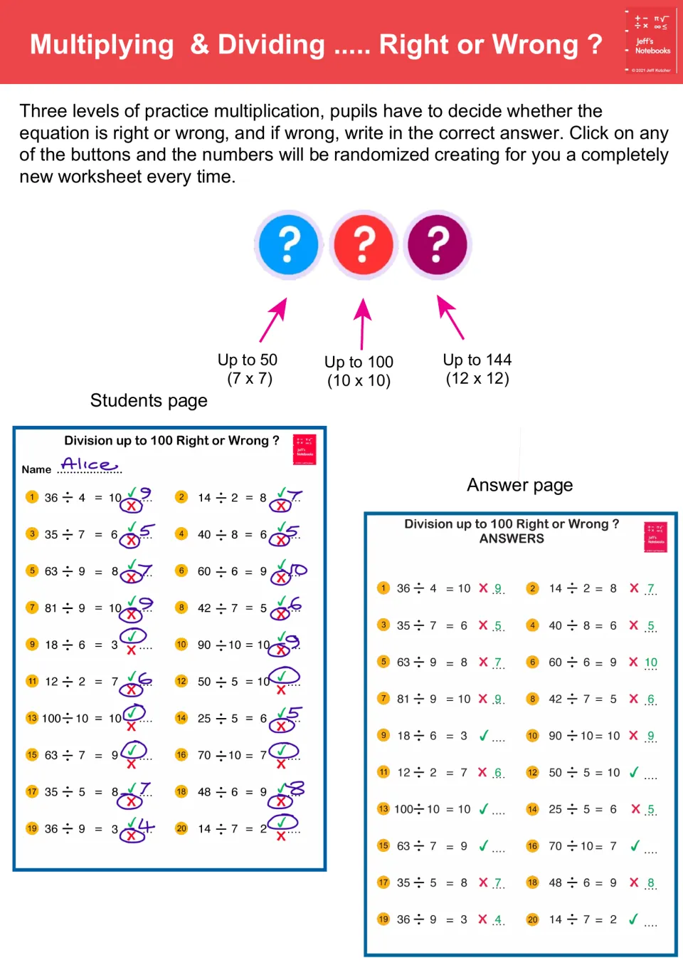 Right or Wrong guide: buttons make new quizzes up to 50, 100 or 144; sample marked division sheet and answer page