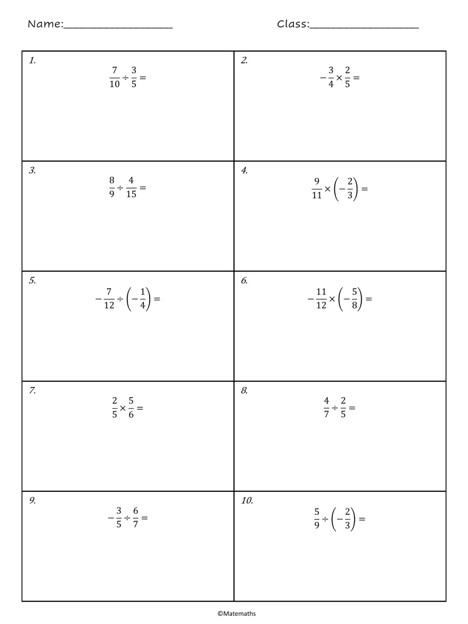 Multiplying and dividing signed fractions, problems 1-10: students solve items such as 7/10 ÷ 3/5 and -3/4 × 2/5