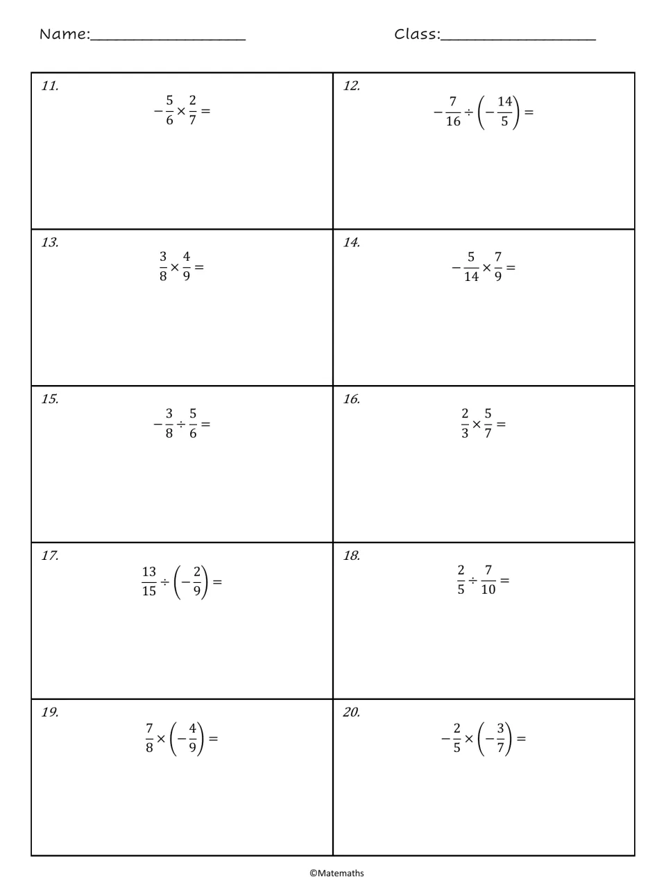 Signed fraction practice, problems 11-20: students find products and quotients such as -5/6 × 2/7 and 13/15 ÷ (-2/9)