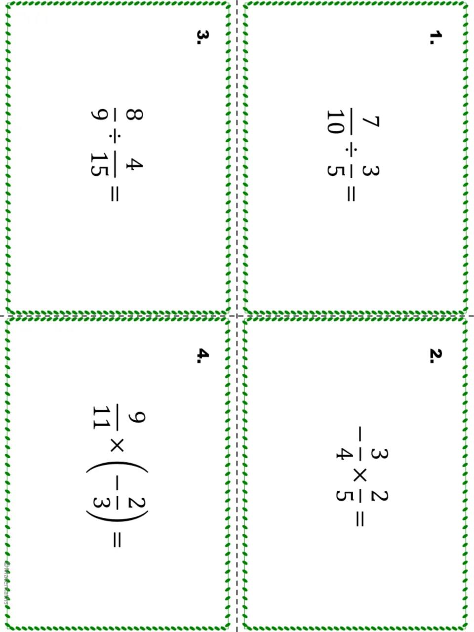 Fraction task cards 1-4 to cut apart: 7/10 ÷ 3/5, -3/4 × 2/5, 8/9 ÷ 4/15 and 9/11 × (-2/3) for students to solve