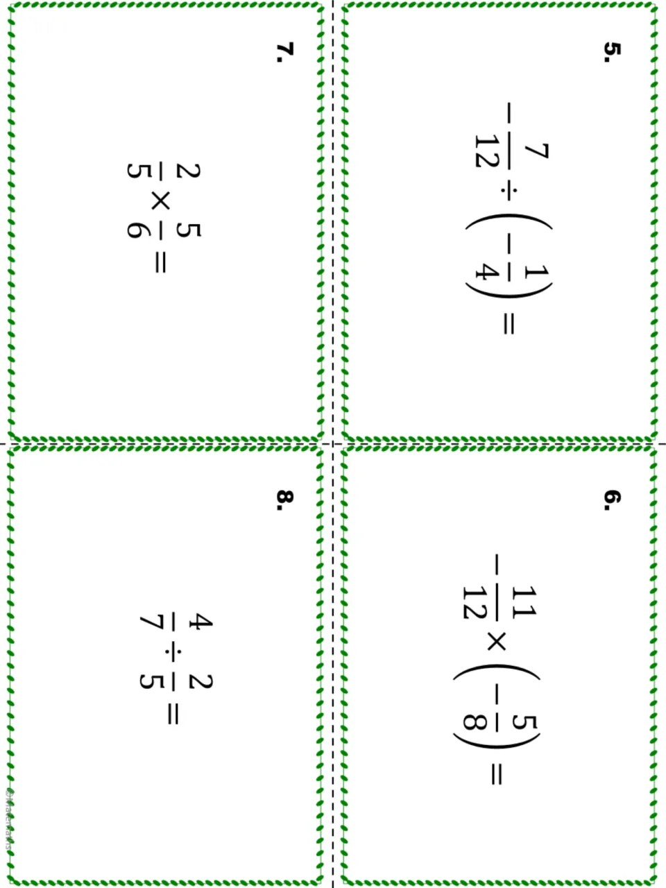 Signed fraction task cards 5-8 to solve: -7/12 ÷ (-1/4), -11/12 × (-5/8), 2/5 × 5/6 and 4/7 ÷ 2/5