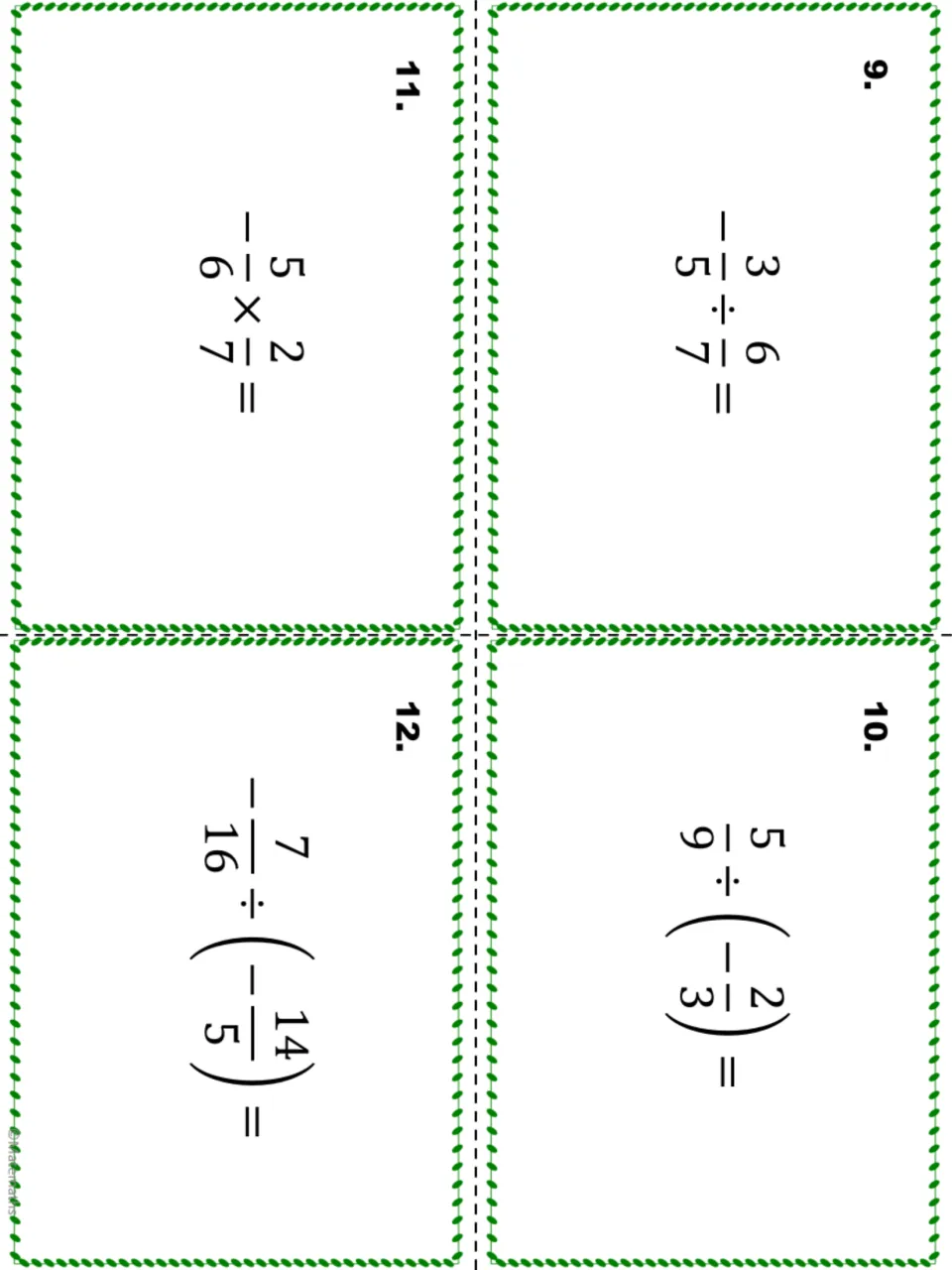 Task cards 9-12: students multiply and divide negative fractions, including 5/9 ÷ (-2/3) and -7/16 ÷ (-14/5)