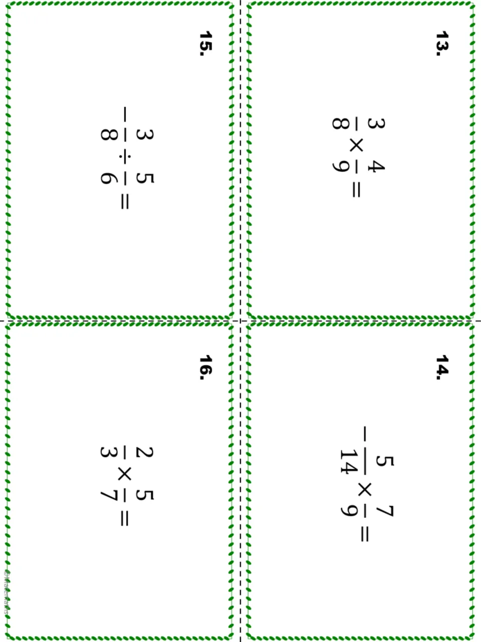 Task cards 13-16: students compute 3/8 × 4/9, -5/14 × 7/9, -3/8 ÷ 5/6 and 2/3 × 5/7 with attention to the sign