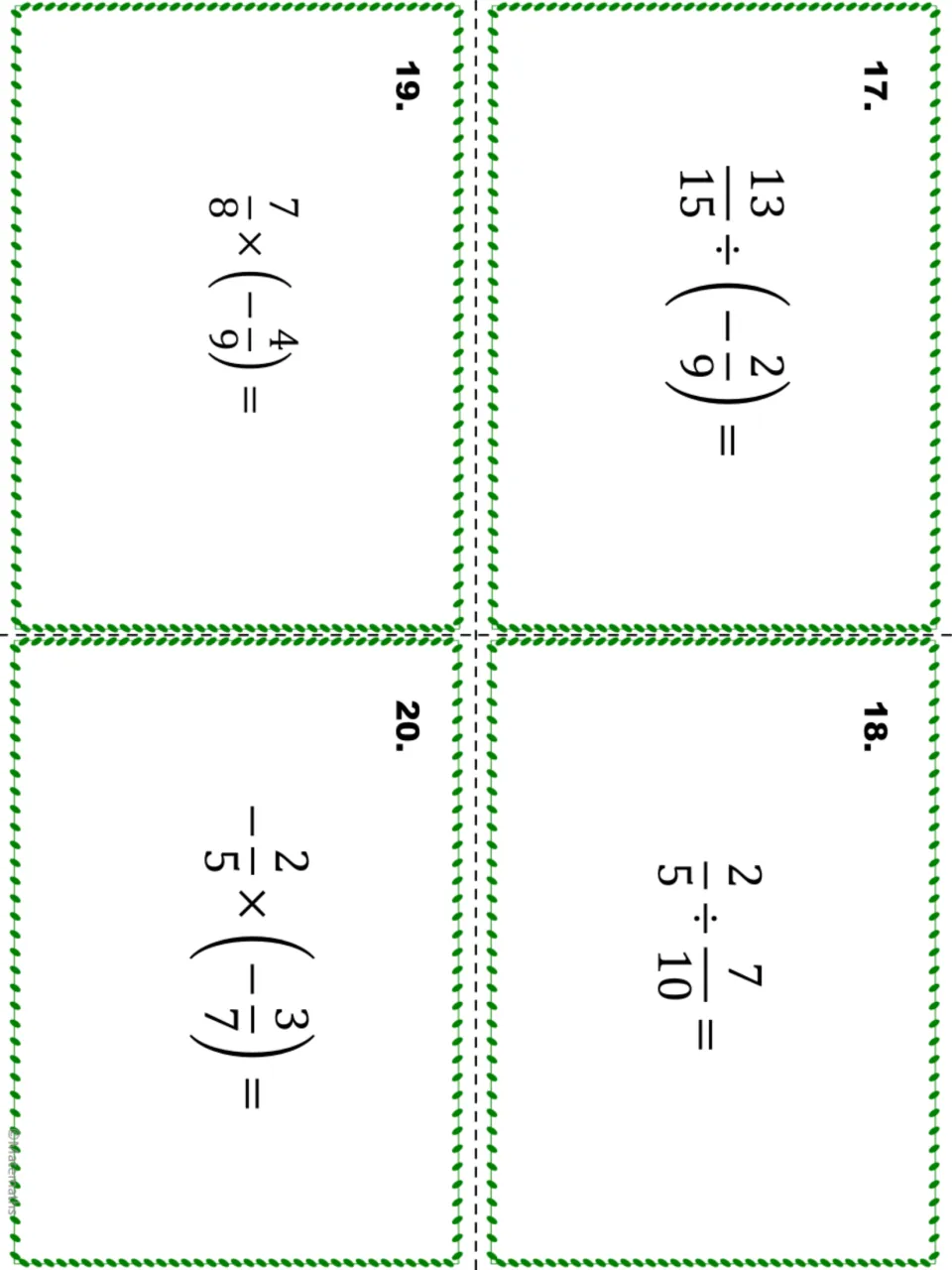 Final task cards 17-20 with fraction products and quotients such as 13/15 ÷ (-2/9) and 7/8 × (-4/9) to simplify