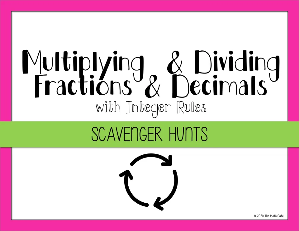 Cover: multiplying and dividing fractions and decimals with integer rules scavenger hunts, with a circular arrow icon