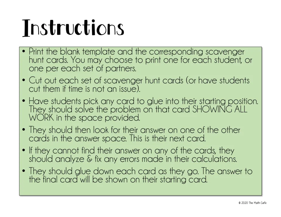 Scavenger hunt directions: students solve a card, find their answer on another card, then glue cards in order