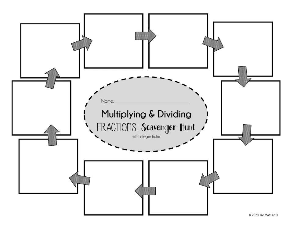 Fractions scavenger hunt template: students glue 10 solved cards in a loop of arrows around a name oval