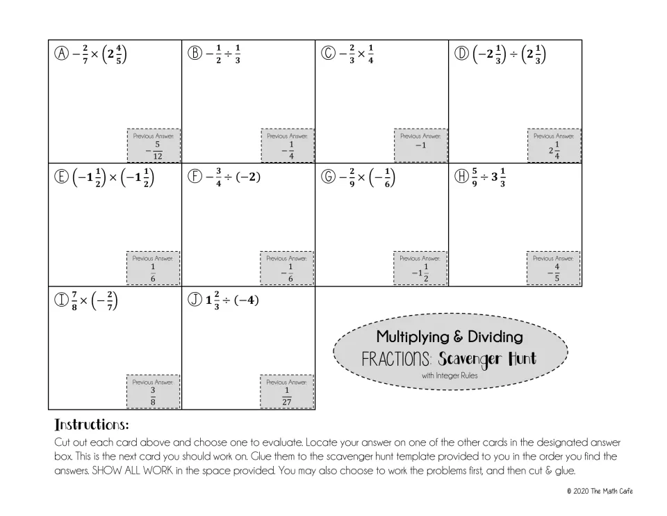 Fraction cards A to J: students multiply and divide signed fractions and mixed numbers, like -2/7 x (2 4/5)
