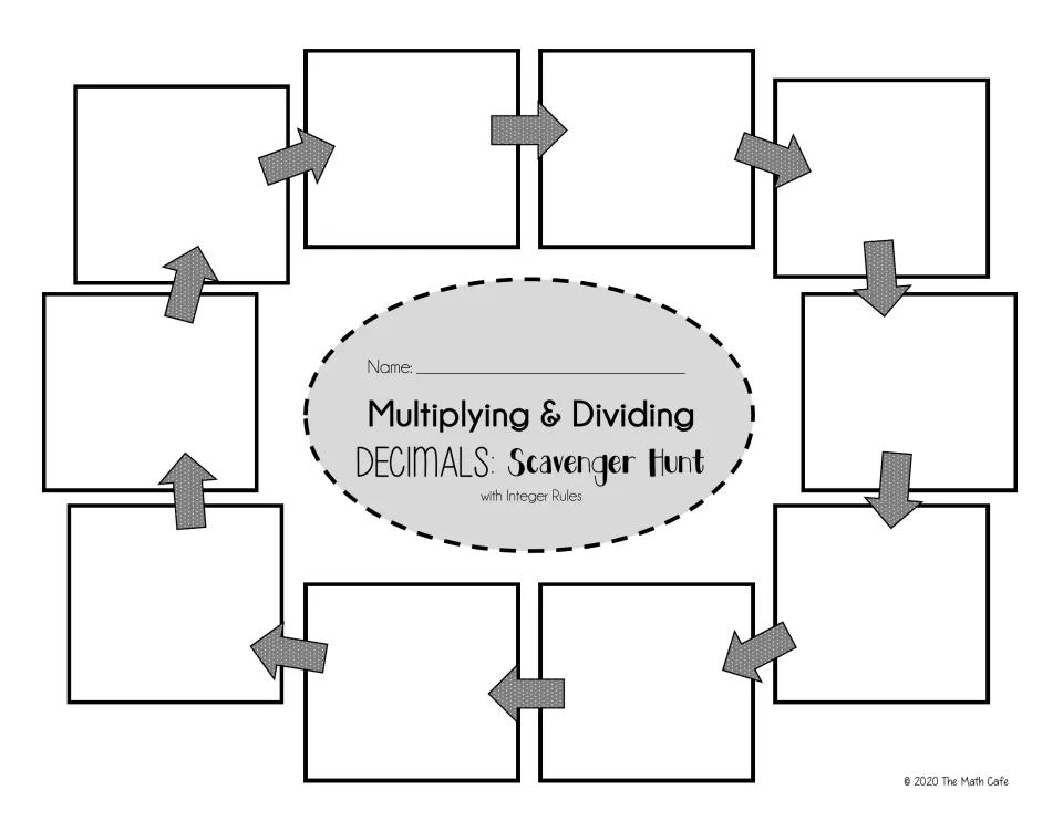 Decimals scavenger hunt template: students glue 10 solved decimal cards in order around a looping path of arrows