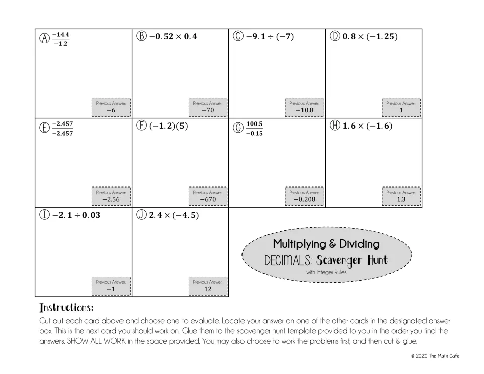 Decimal cards A to J: students multiply and divide signed decimals, such as -0.52 x 0.4 and -9.1 / (-7)