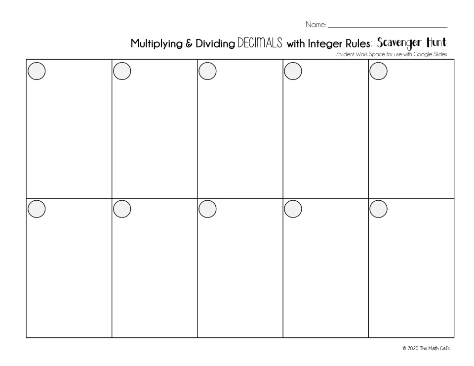 Decimals work space: students record work for 10 problems when completing the decimal hunt in Google Slides