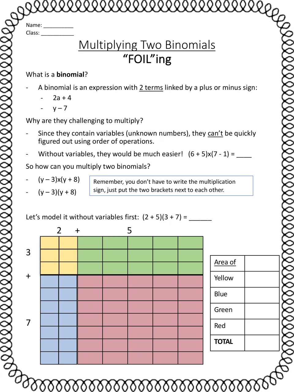 What is a binomial: notes on why variables make them hard to multiply, then students find areas to solve (2 + 5)(3 + 7)