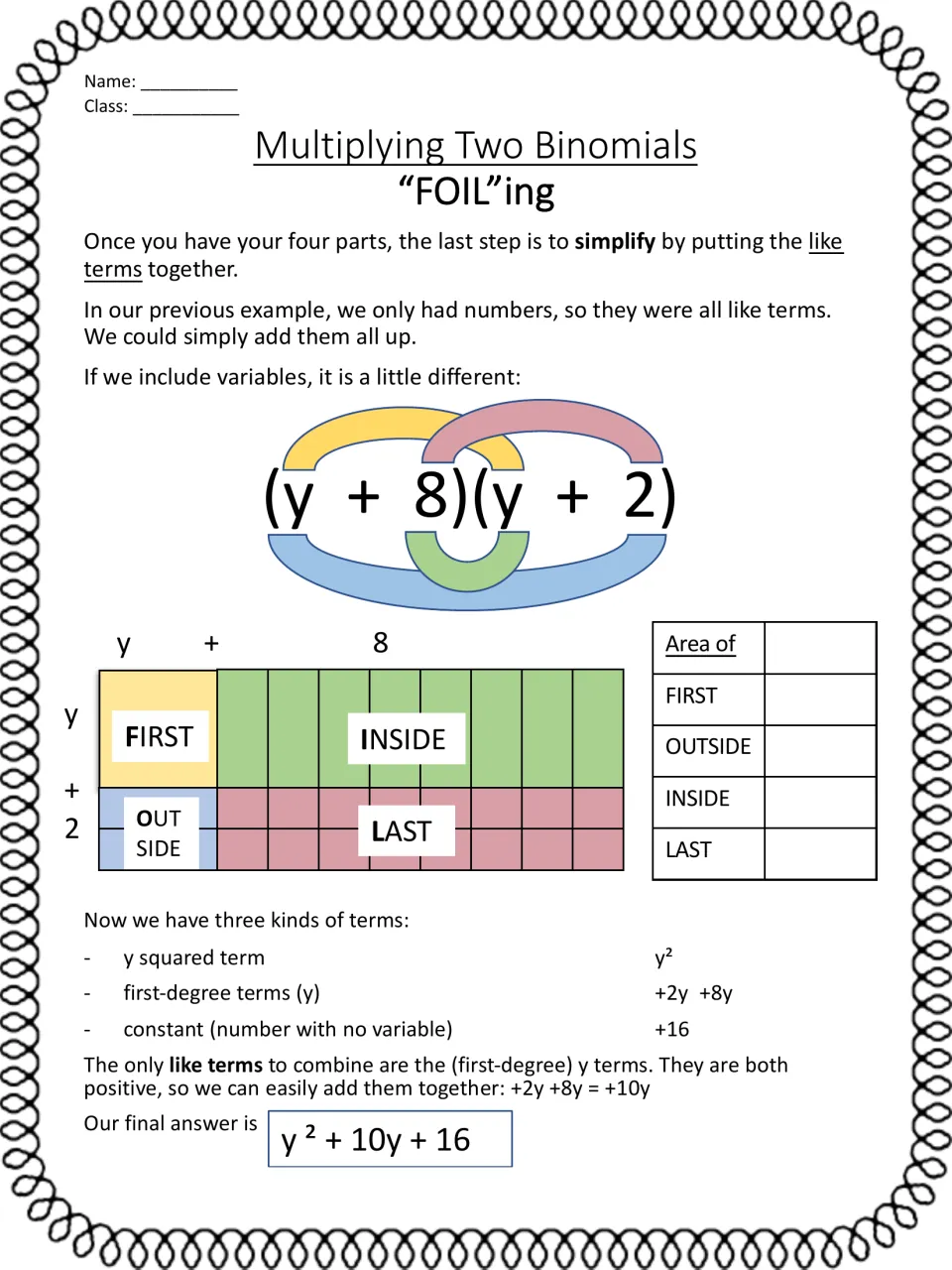 Combining like terms after FOIL: worked example (y + 8)(y + 2) with an area model, simplified to y² + 10y + 16