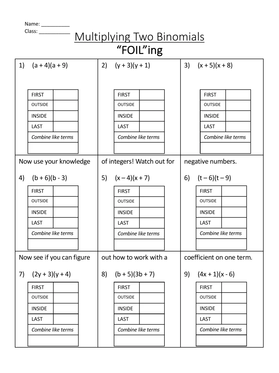 FOIL practice: students multiply 9 binomial pairs, moving from positive terms to negatives to a coefficient on one term
