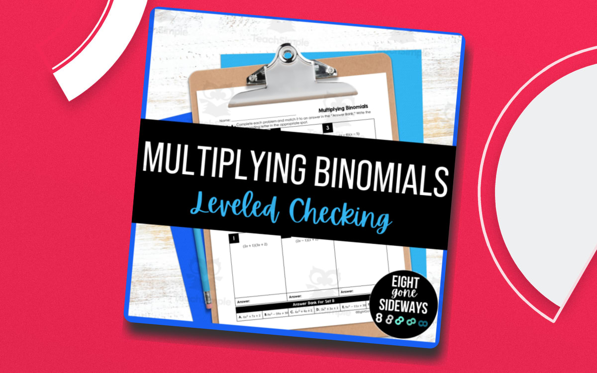 Multiplying Binomials leveled-checking cover with clipboard and worksheet previews.