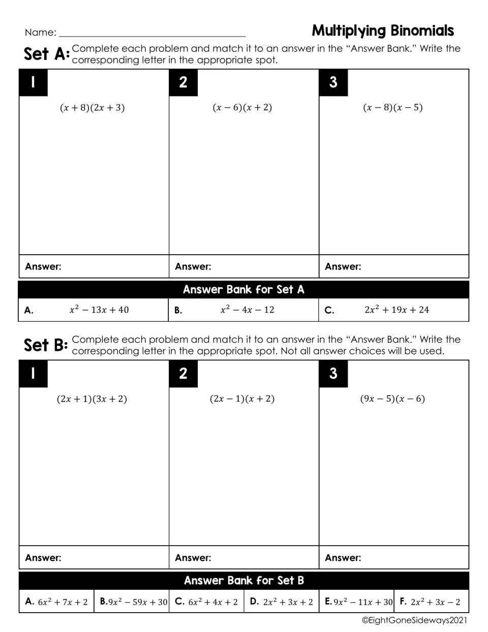 Multiplying binomials, Sets A and B: students expand six binomial products and match each to a lettered answer bank