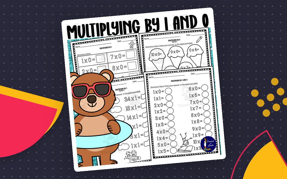 Multiplying by 1 and 0 first image with a bear in sunglasses and worksheet previews
