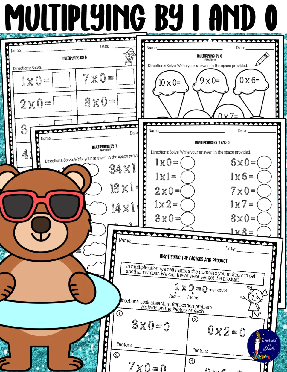 Multiplying by 1 and 0 cover showing worksheet previews with zero facts, ice cream cones and factor-product practice