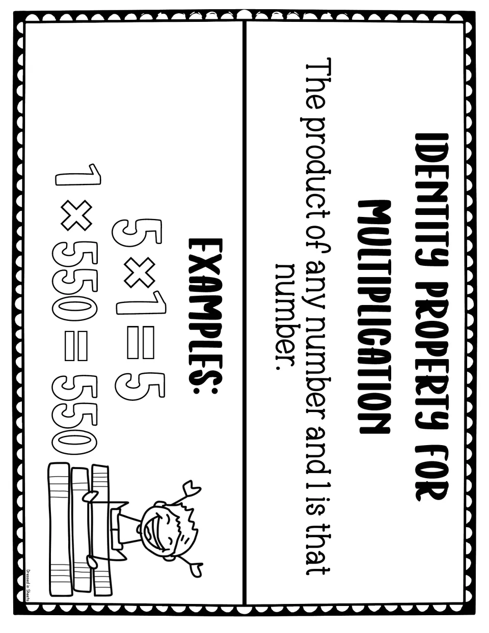 Identity property poster, sideways: the product of any number and 1 is that number, with 5 x 1 = 5 and 1 x 550 = 550