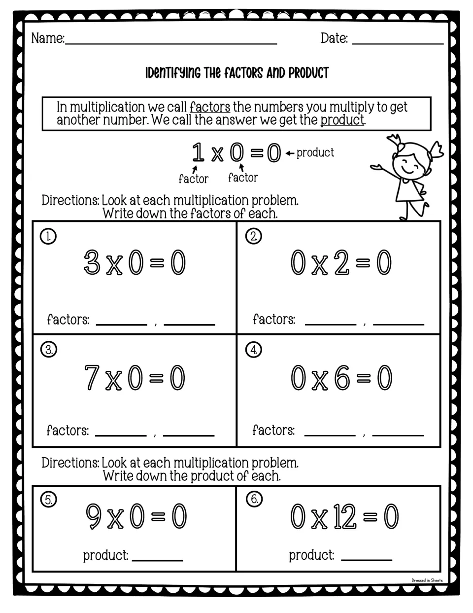 Identifying factors and product: students write both factors for four x 0 facts, then the product for 9 x 0 and 0 x 12