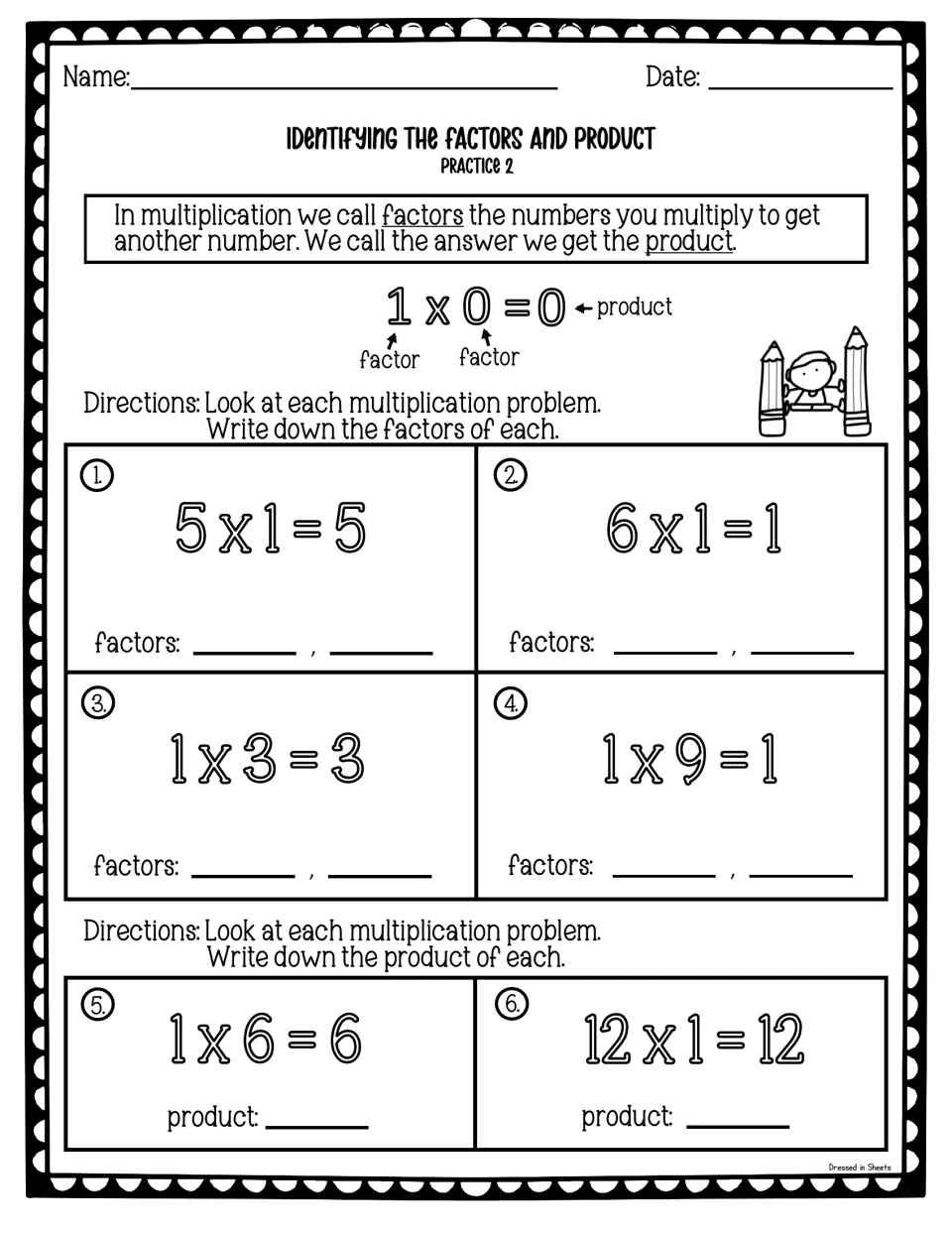 Identifying factors and product, practice 2: students name factors in four x 1 facts, then products for 1 x 6 and 12 x 1