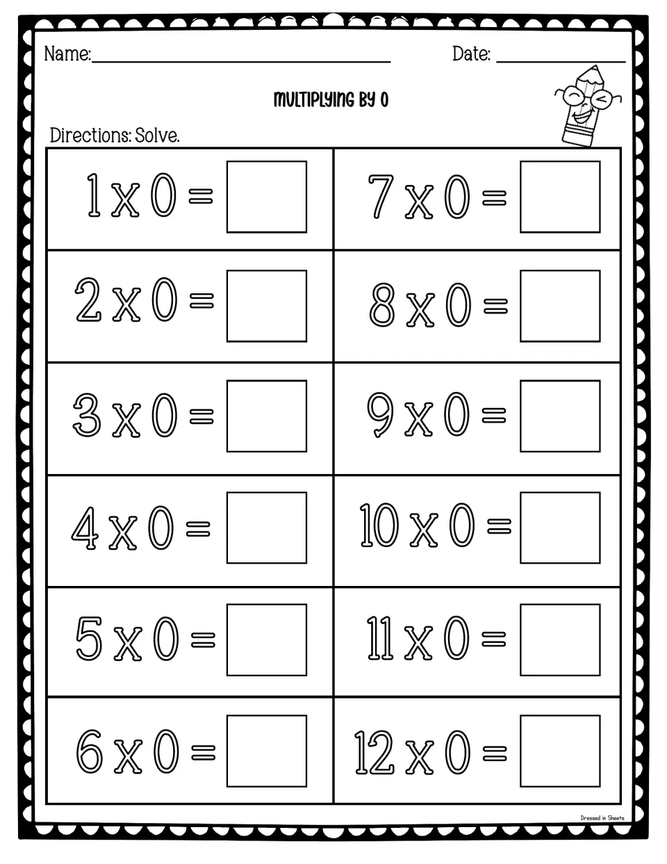 Multiplying by 0: students solve twelve facts from 1 x 0 through 12 x 0, writing each product in the box beside it
