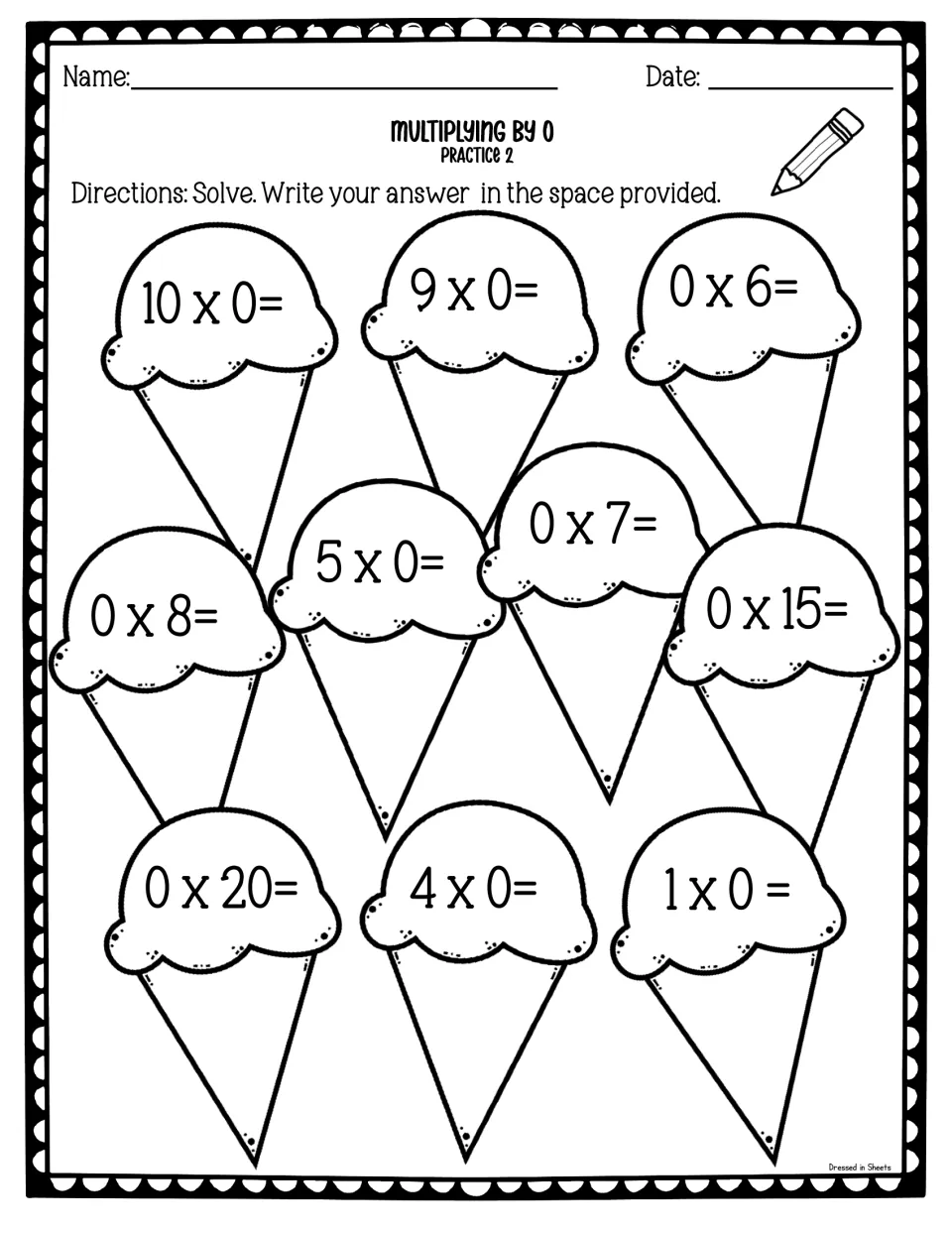 Multiplying by 0, practice 2: students solve ten zero facts such as 10 x 0 and 0 x 15 written on ice cream cone scoops