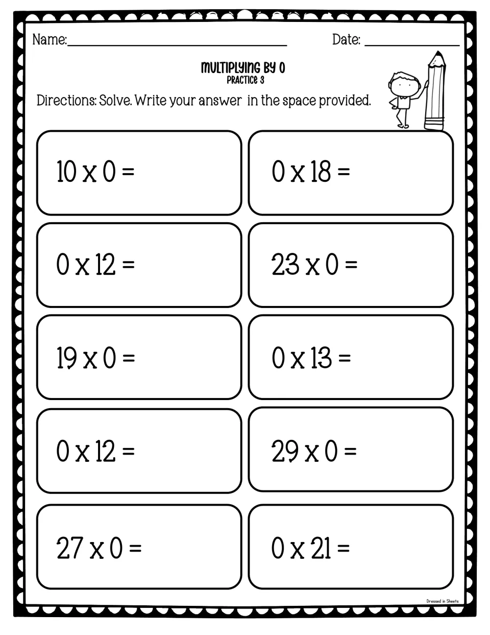 Multiplying by 0, practice 3: students solve ten zero facts with two-digit factors such as 23 x 0, 0 x 18 and 29 x 0