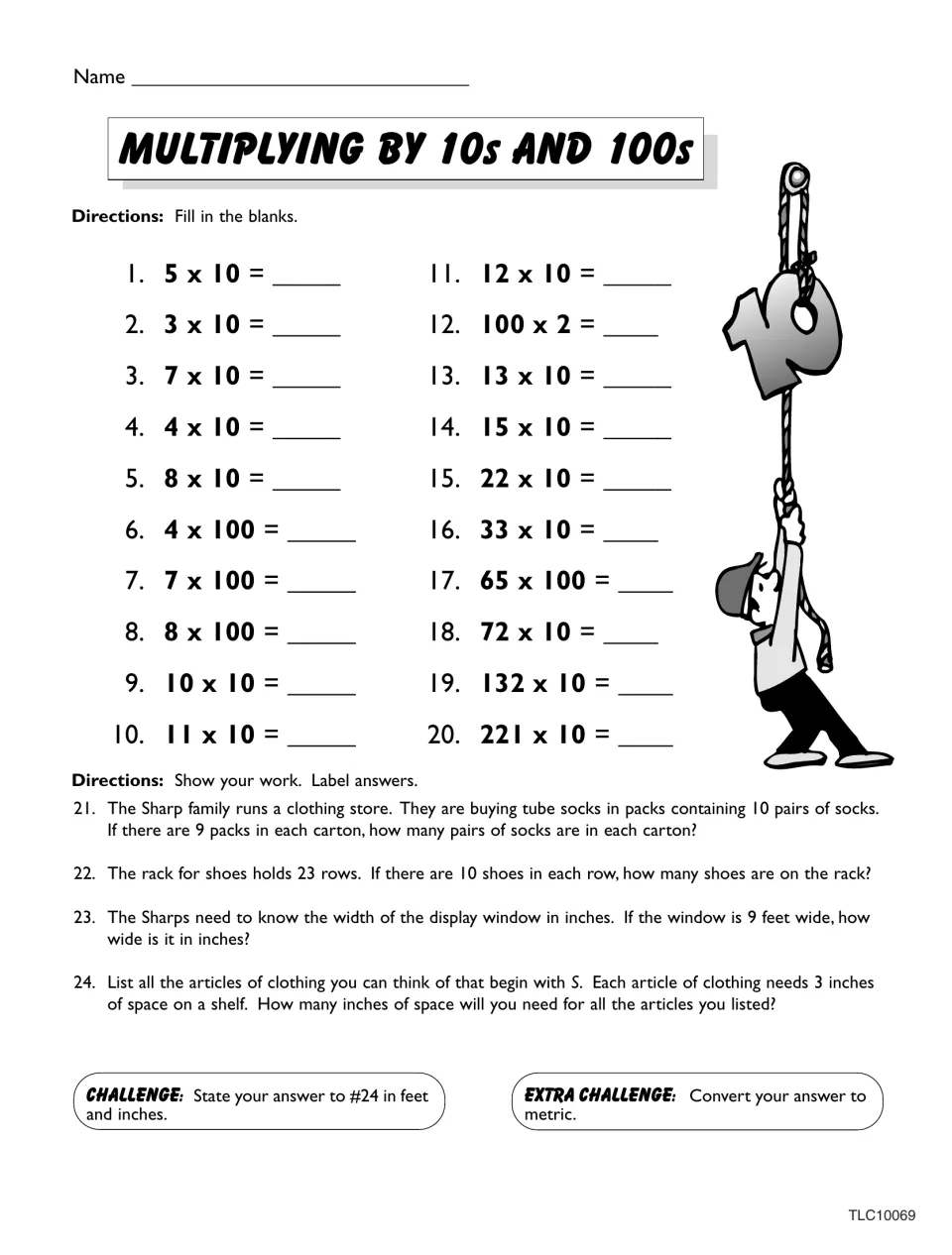 Multiplying by 10s and 100s: students fill in 20 facts, then solve clothing-store word problems with labeled answers