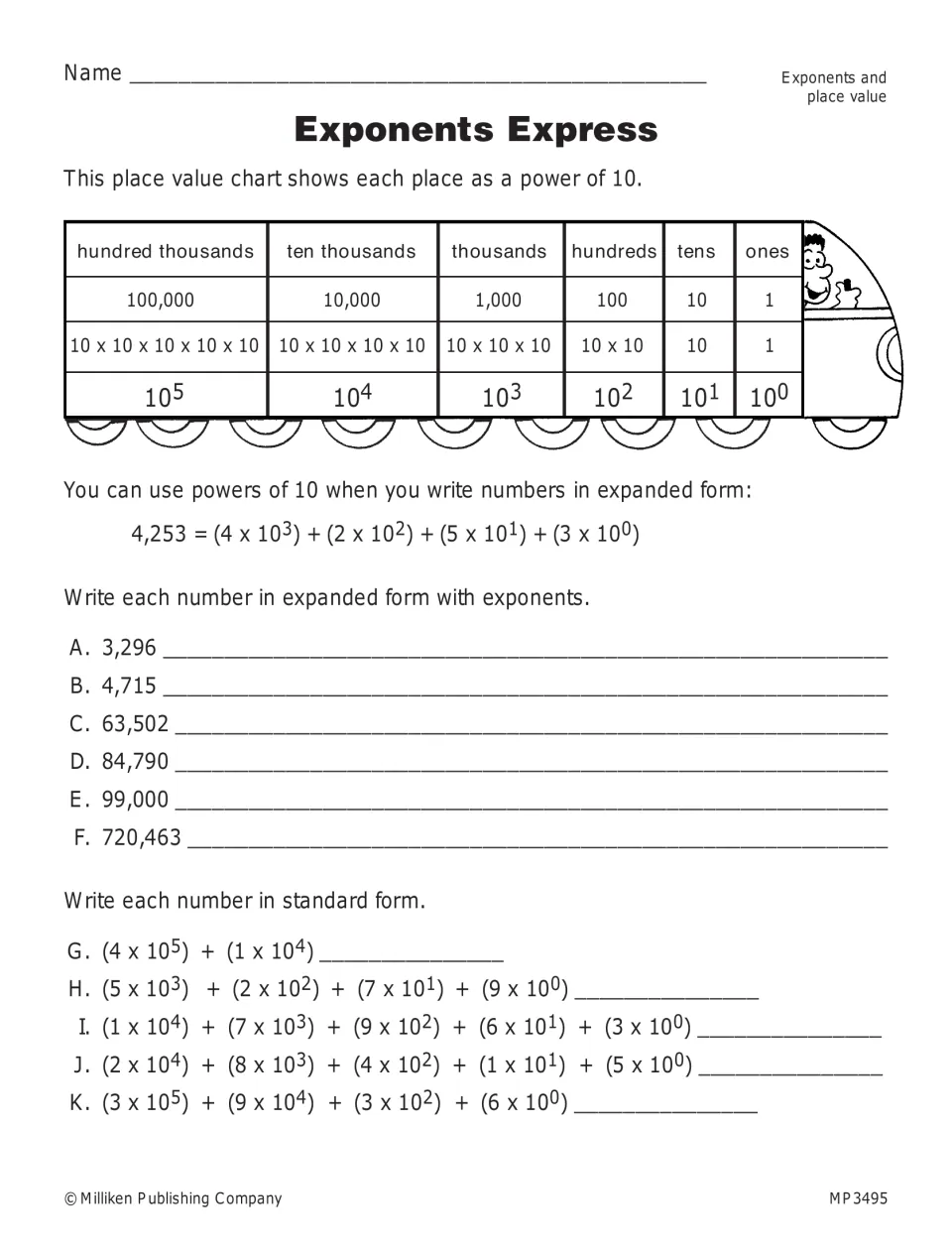 Exponents Express: a place value chart shows powers of 10; students write numbers in expanded form with exponents and back