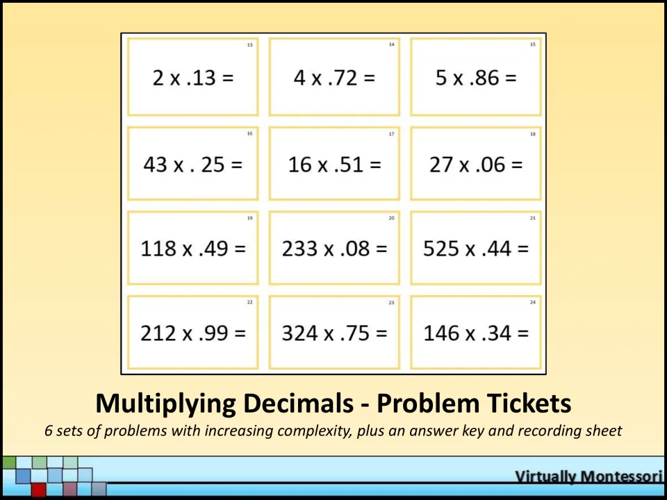 Cover: Multiplying Decimals - Problem Tickets, showing tickets 13-24; 6 problem sets plus answer key and recording sheet