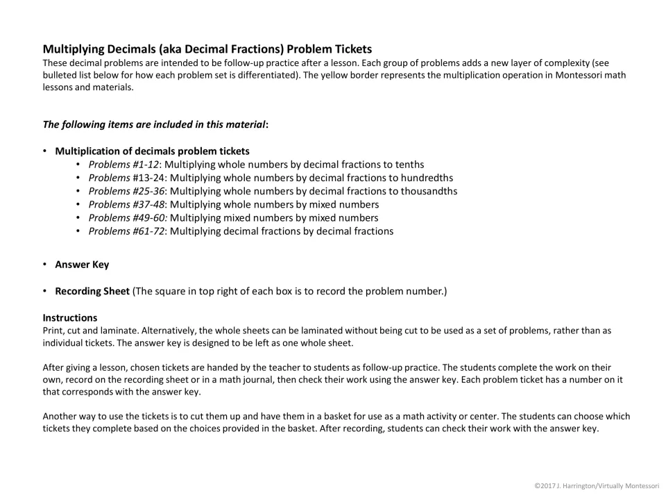 Teacher notes: the six problem sets, tenths through decimal-by-decimal, with print, cut, laminate and center directions