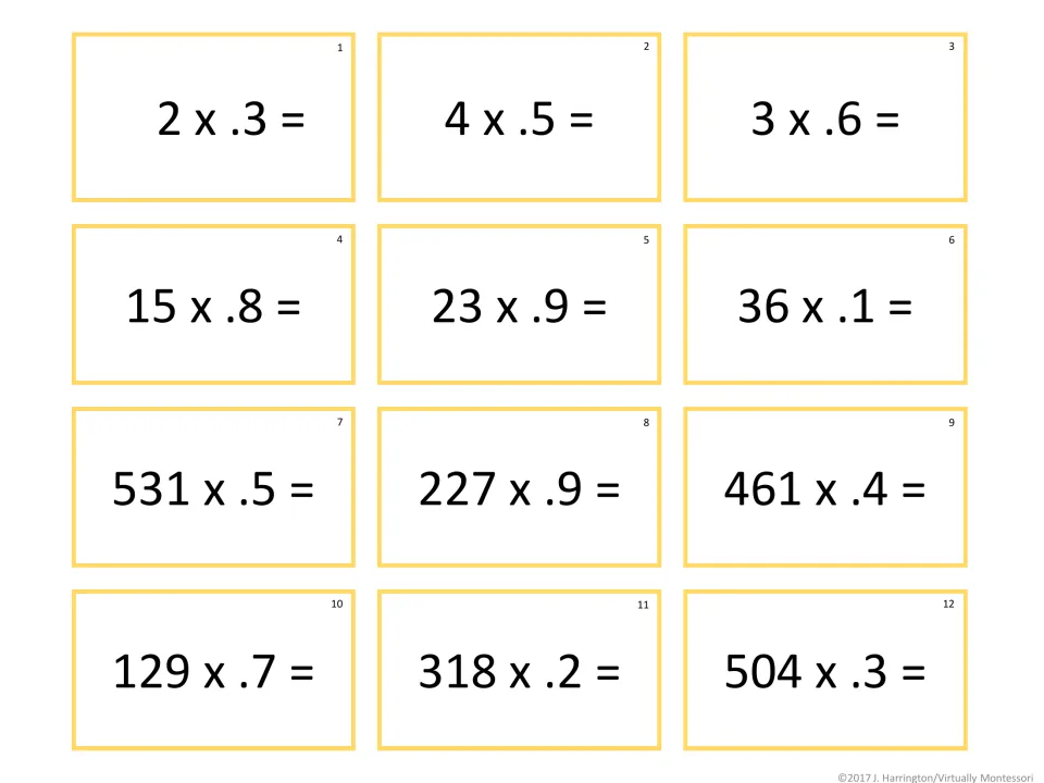 Multiplying by tenths: students solve tickets 1-12, whole numbers times tenths such as 2 x .3, 15 x .8 and 531 x .5