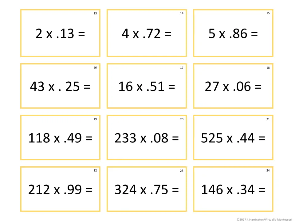 Multiplying by hundredths: students solve tickets 13-24, whole numbers times decimals like 2 x .13, 27 x .06 and 324 x .75