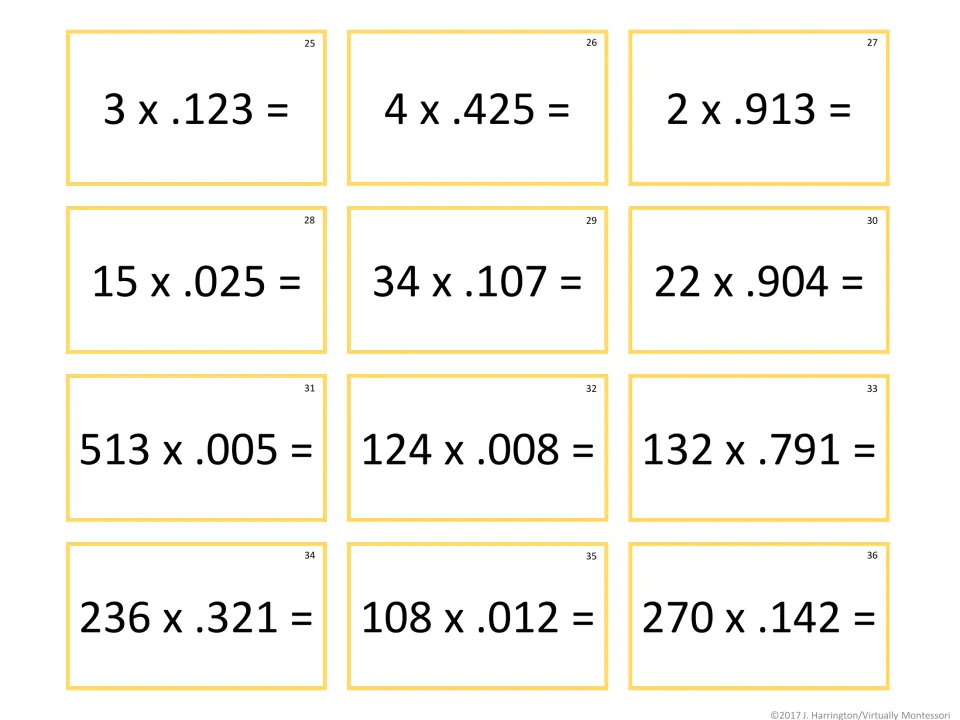 Multiplying by thousandths: students solve tickets 25-36 such as 3 x .123, 513 x .005 and 270 x .142
