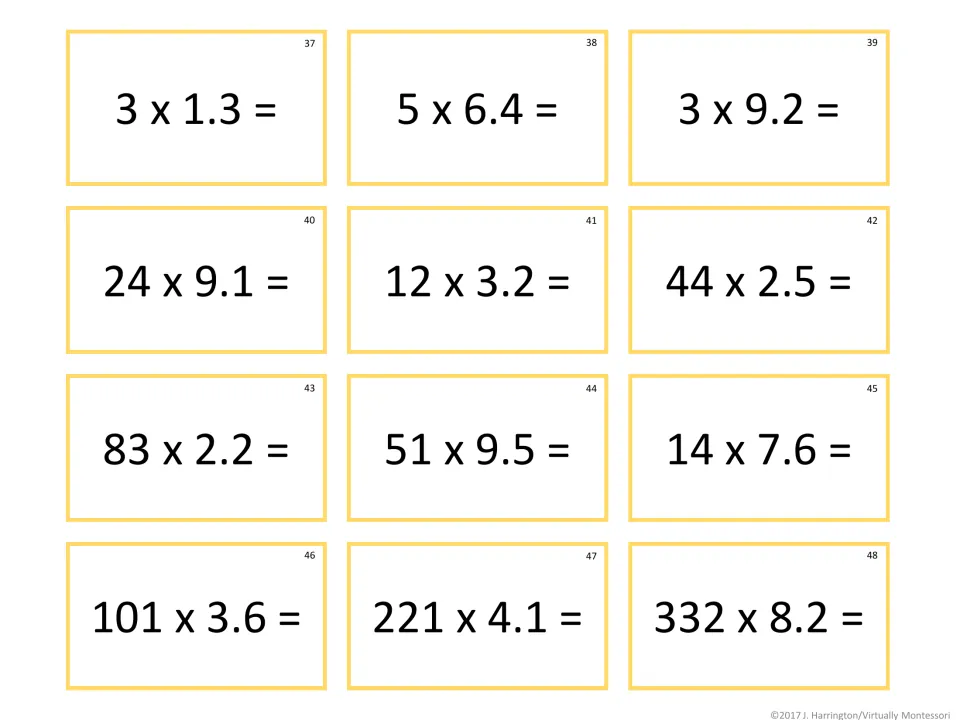 Whole numbers times mixed decimals: students solve tickets 37-48, from 3 x 1.3 and 24 x 9.1 up to 332 x 8.2