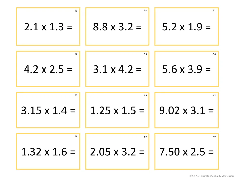 Mixed decimal by mixed decimal: students solve tickets 49-60, such as 2.1 x 1.3, 3.15 x 1.4 and 7.50 x 2.5