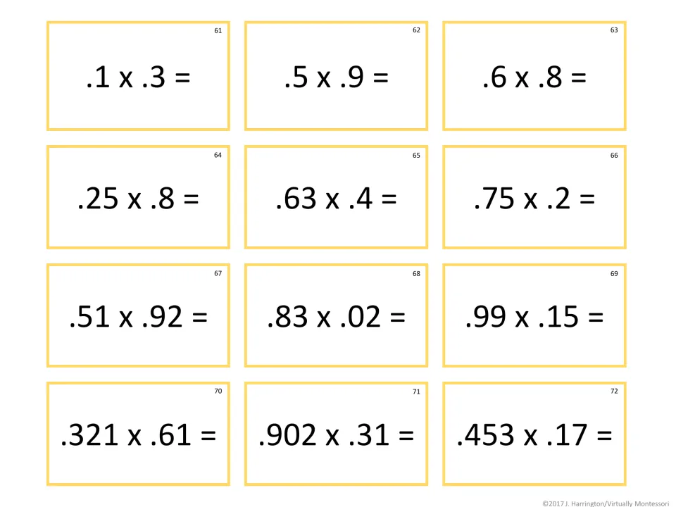 Decimal times decimal: students solve tickets 61-72, from .1 x .3 and .25 x .8 to .902 x .31 and .453 x .17