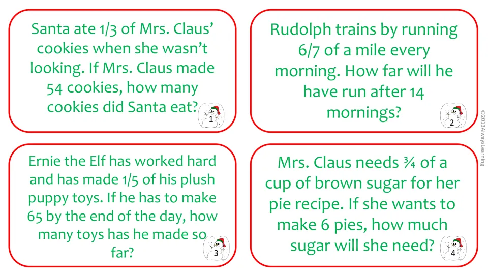 Task cards 1-4: students multiply fractions by whole numbers, such as 1/3 of 54 cookies and 3/4 cup of sugar for 6 pies