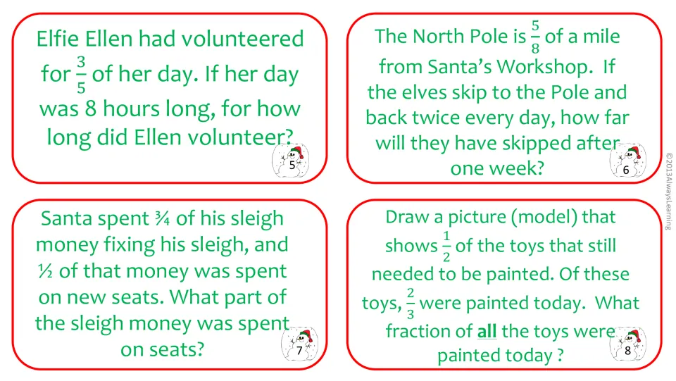 Task cards 5-8: students solve 3/5 of an 8-hour day and 1/2 of 3/4 of sleigh money, and draw a model of 2/3 of 1/2