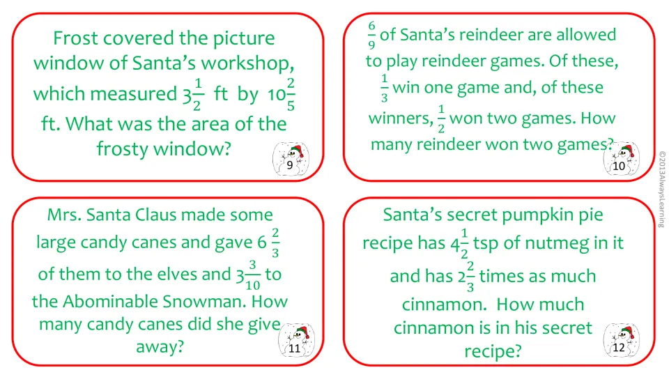 Task cards 9-12: students multiply mixed numbers, such as the area of a 3 1/2 ft by 10 2/5 ft window and 2 2/3 times 4 1/2