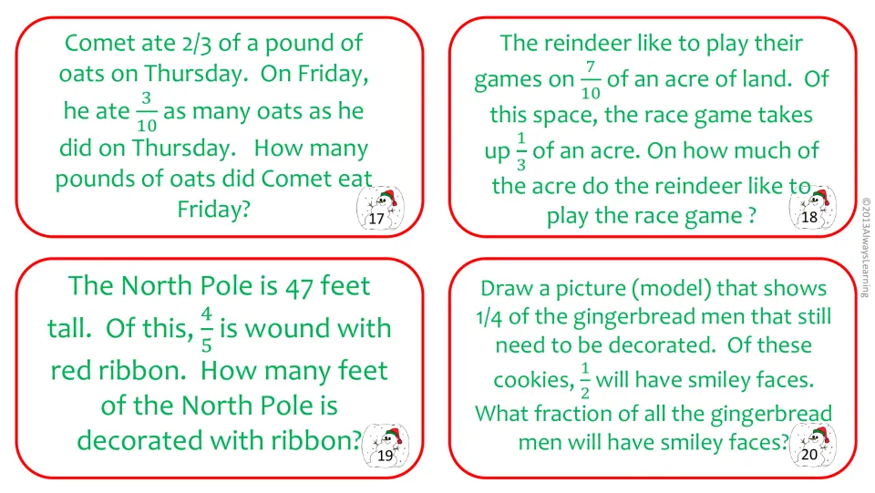 Task cards 17-20: students find 3/10 of Comet's 2/3 lb of oats and 4/5 of a 47-foot pole, then model 1/2 of 1/4
