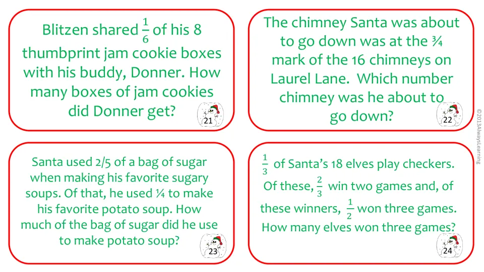 Task cards 21-24: 1/6 of 8 cookie boxes, the 3/4 mark of 16 chimneys, 1/4 of 2/5 bag of sugar, and elves playing checkers