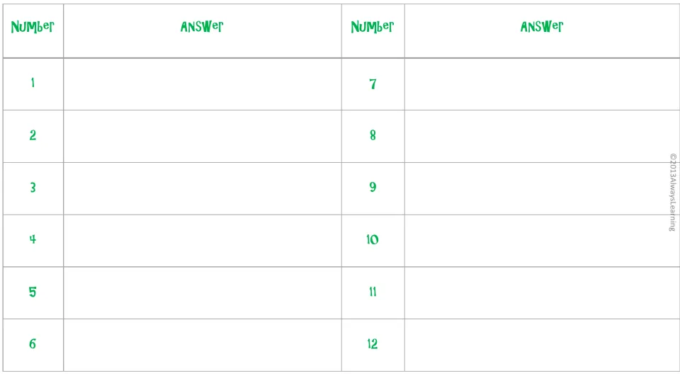 Student answer sheet for task cards 1 to 12: students write each card's answer beside its number