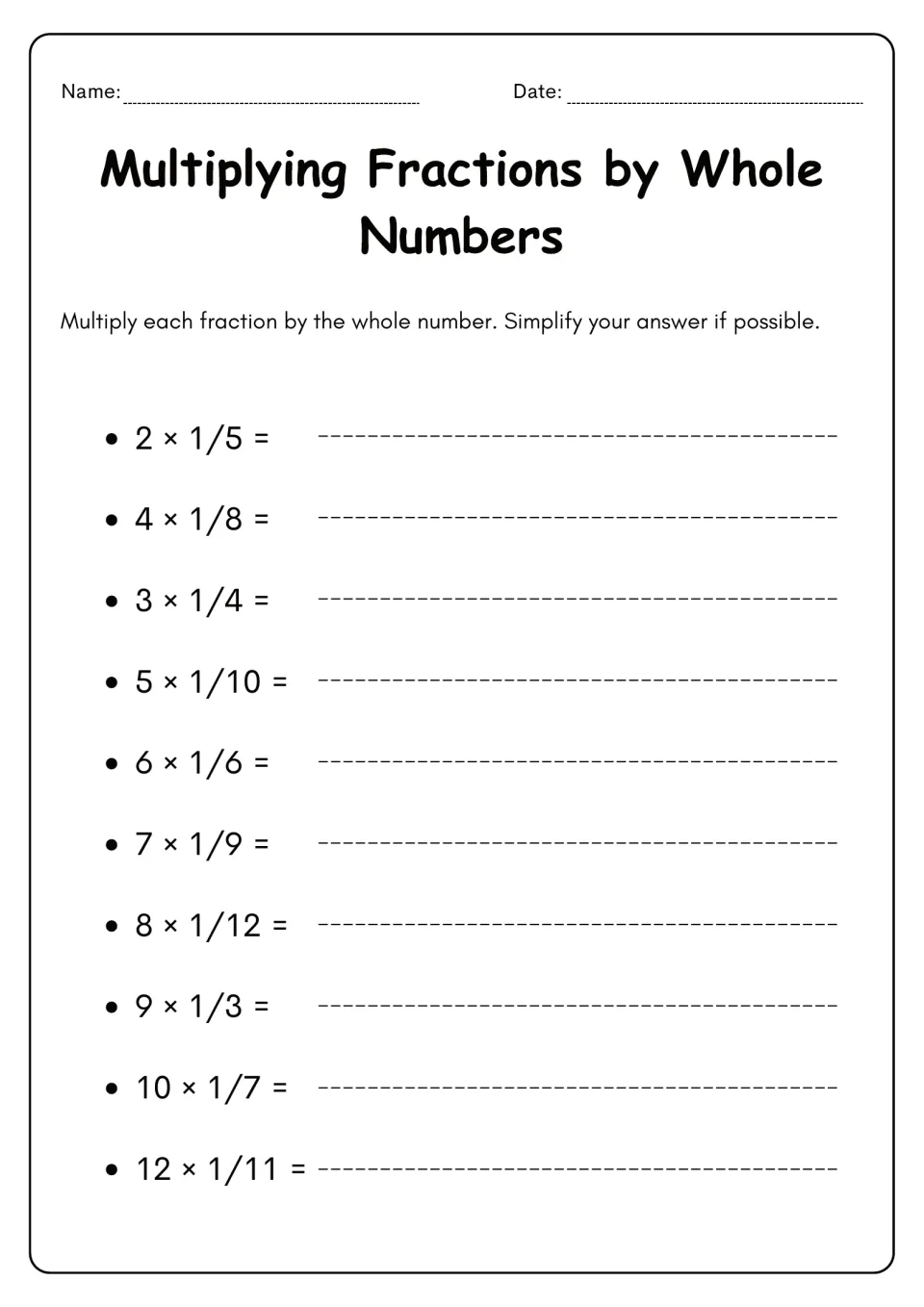 Multiplying a unit fraction by a whole number: students solve 10 problems like 2 × 1/5 and simplify each answer