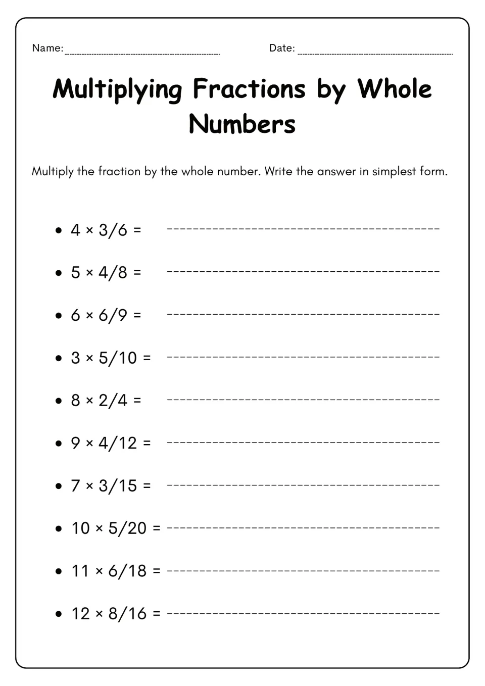 Multiplying fractions that reduce, such as 4 × 3/6 and 8 × 2/4: students write each product in simplest form